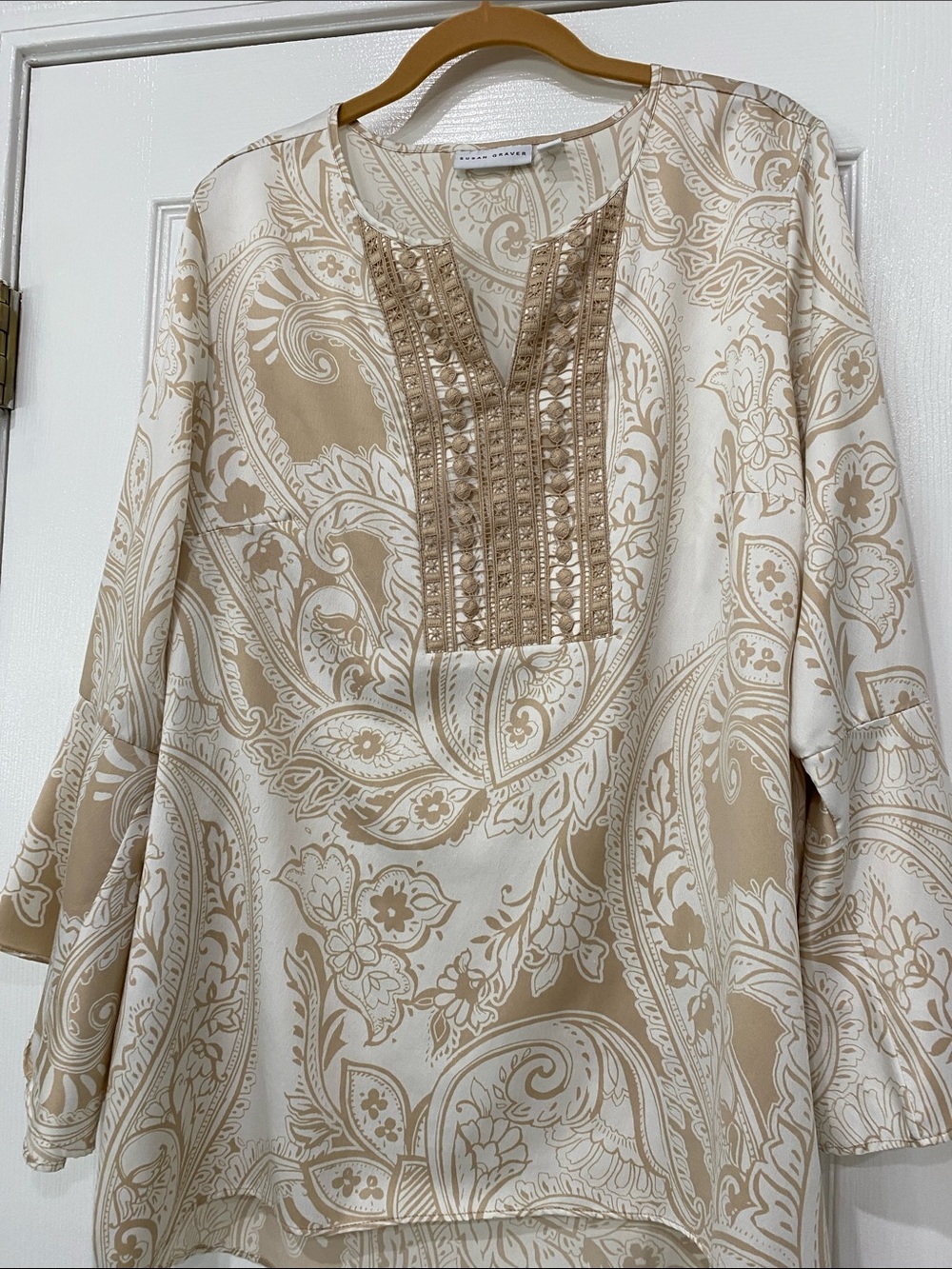 Susan Graver , Stylish Neutral Paisley Embellished Tunic Top - Beige/Cream